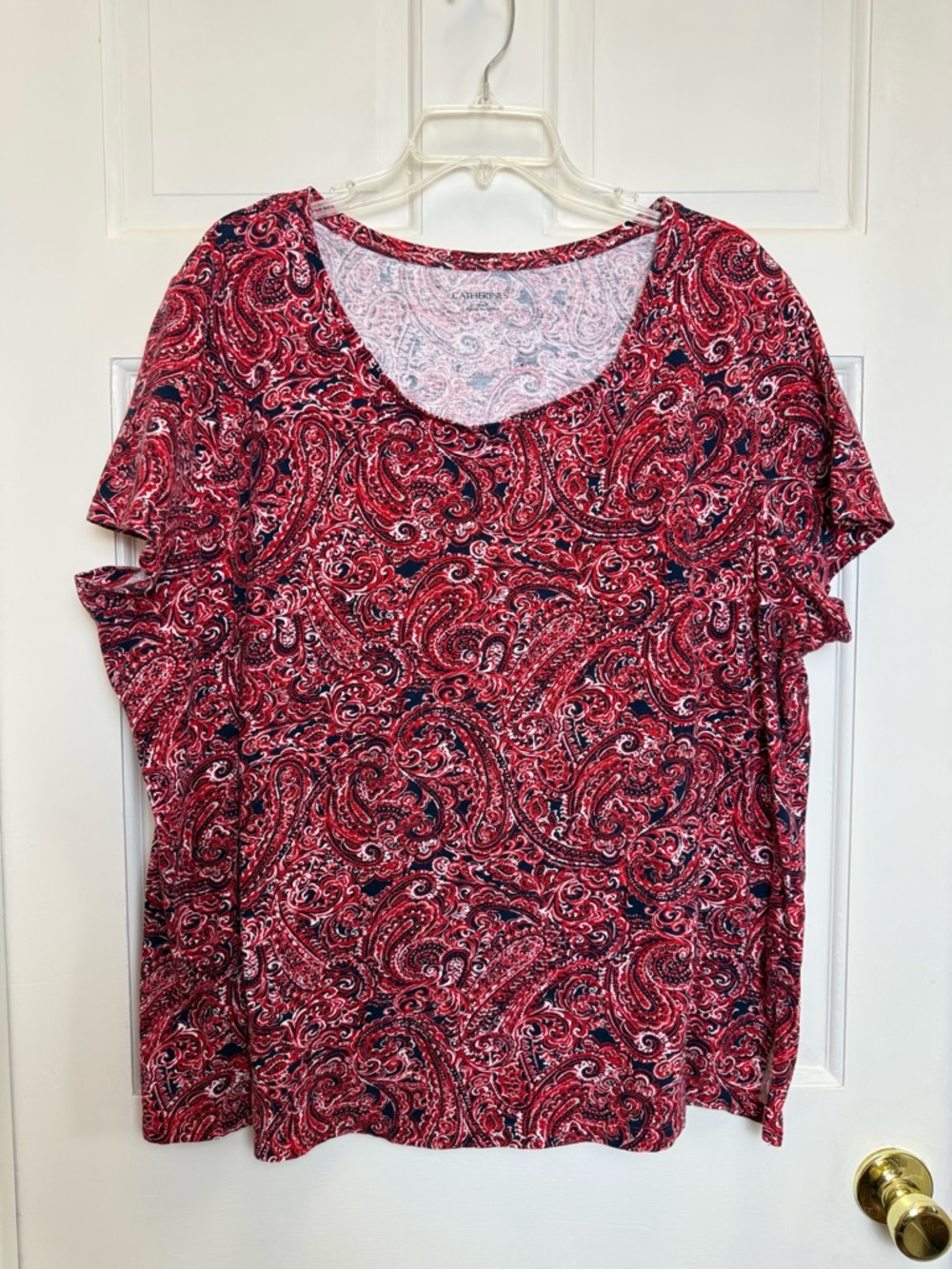 Catherines Red Paisley Scoop Neck Short Sleeve Cotton Tee 1XWP Women’s Petite